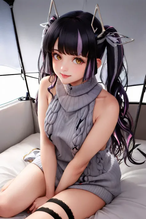 (masterpiece, best quality:1.2), <lyco:sugarlyric_kojo-12:1.0>, solo, 1girl, kojosweater, smile, looking at viewer, twintails, grey sweater, virgin killer sweater, sideboob, cable knit, leg ribbon, demon tail