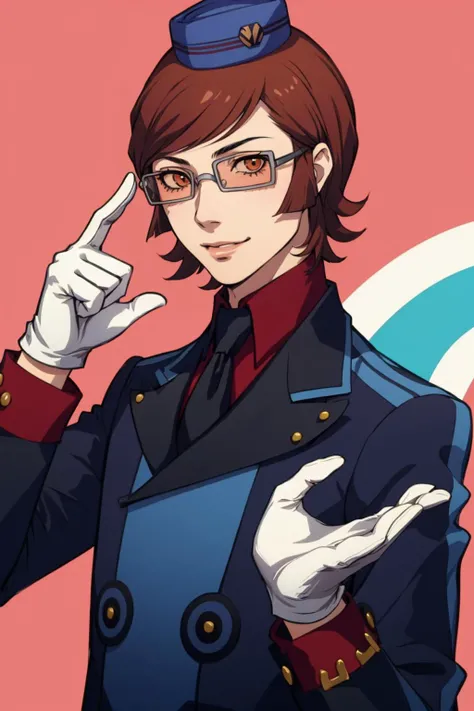 masterpiece, best quality, solo, smile, 1boy, looking at viewer, <lora:Katsuya_Fp:1>, katsuyap2, glasses, <lora:Velvet-Room-M-Outfit_Fp:1>, velvetmoutfit, white gloves, hat,