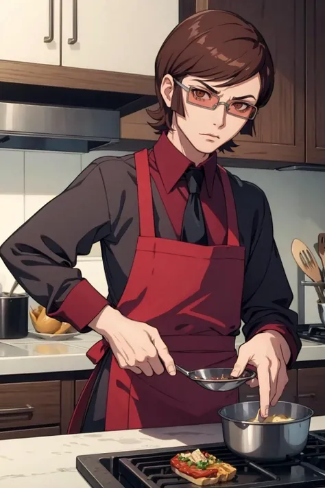 masterpiece, best quality, solo, serious, 1boy, looking at viewer, <lora:Katsuya_Fp:1>, katsuyap2, glasses, necktie, apron, cooking, kitchen,
