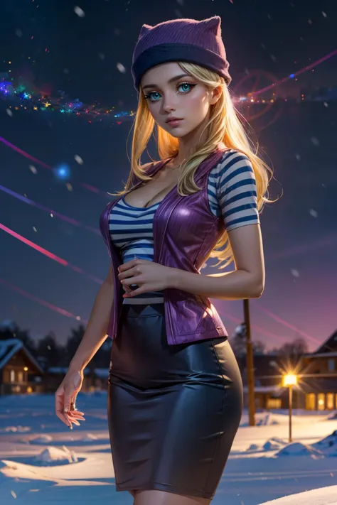 (ultra realistic,32k, masterpiece:1.2),(high detailed skin:1.1),( high quality:1.1), <lora:IllyasvielVonEinzbern_v1:0.7>, zzIllya, looking at viewer, night, outdoors, snowing, sky, BREAK,   <lora:OrimotoIzumi_v1:0.7>,    zzIzumi, perfect, green eyes, blonde hair, long hair,   purple vest, striped shirt, hat, skirt,   BREAK,  blooming stars, luminescent petals, otherworldly fragrance blurry background, (looking at viewer, standing:1.1), huge breast, large breast, <lora:add_detail:0.92>, (glowwave:1.1),