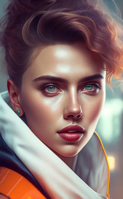 A stunning intricate full color portrait of (smiling 30 years old scarlett johansson:1) as futuristic neon reflective wear cyberpunk, sci-fi, robot parts, ismail inceoglu dragan bibin hans thoma greg rutkowski alexandros pyromallis nekro rene margitte illustrated, perfect face, (detailed facial features), (sharp), (haselblad)
epic character composition,
by ilya kuvshinov, alessio albi, nina masic,
sharp focus, natural lighting, subsurface scattering, f2, 35mm,
matte skin, pores, wrinkles, hyperdetailed, hyperrealistic,