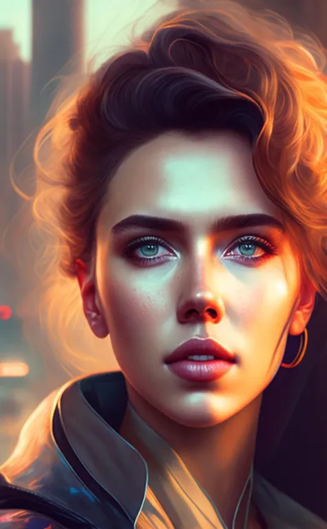 A stunning intricate full color portrait of (smiling 30 years old scarlett johansson:1) as futuristic neon reflective wear cyberpunk, sci-fi, robot parts, ismail inceoglu dragan bibin hans thoma greg rutkowski alexandros pyromallis nekro rene margitte illustrated, perfect face, (detailed facial features), (sharp), (haselblad)
epic character composition,
by ilya kuvshinov, alessio albi, nina masic,
sharp focus, natural lighting, subsurface scattering, f2, 35mm,
matte skin, pores, wrinkles, hyperdetailed, hyperrealistic,