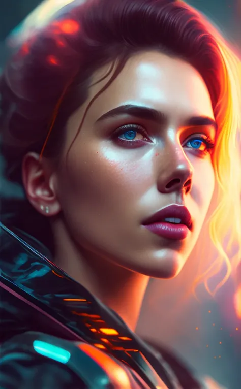 A stunning intricate full color portrait of (smiling 30 years old scarlett johansson:1) as futuristic neon reflective wear cyberpunk, sci-fi, robot parts, ismail inceoglu dragan bibin hans thoma greg rutkowski alexandros pyromallis nekro rene margitte illustrated, perfect face, (detailed facial features), (sharp), (haselblad)
epic character composition,
by ilya kuvshinov, alessio albi, nina masic,
sharp focus, natural lighting, subsurface scattering, f2, 35mm,
matte skin, pores, wrinkles, hyperdetailed, hyperrealistic,