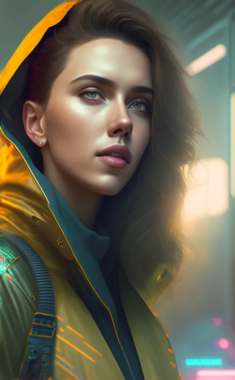 A stunning intricate full color portrait of (smiling 30 years old scarlett johansson:1) as futuristic neon reflective wear cyberpunk, sci-fi, robot parts, ismail inceoglu dragan bibin hans thoma greg rutkowski alexandros pyromallis nekro rene margitte illustrated, perfect face, (detailed facial features), (sharp), (haselblad)
epic character composition,
by ilya kuvshinov, alessio albi, nina masic,
sharp focus, natural lighting, subsurface scattering, f2, 35mm,
matte skin, pores, wrinkles, hyperdetailed, hyperrealistic,