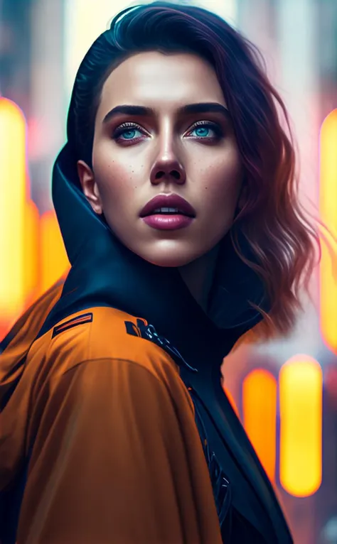 A stunning intricate full color portrait of (smiling 30 years old scarlett johansson:1) as futuristic neon reflective wear cyberpunk, sci-fi, robot parts, ismail inceoglu dragan bibin hans thoma greg rutkowski alexandros pyromallis nekro rene margitte illustrated, perfect face, (detailed facial features), (sharp), (haselblad)
epic character composition,
by ilya kuvshinov, alessio albi, nina masic,
sharp focus, natural lighting, subsurface scattering, f2, 35mm,
matte skin, pores, wrinkles, hyperdetailed, hyperrealistic,