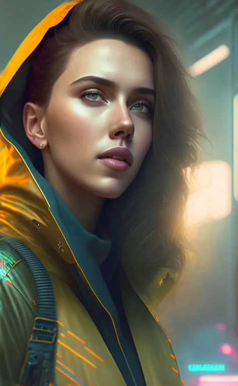 A stunning intricate full color portrait of (smiling 30 years old scarlett johansson:1) as futuristic neon reflective wear cyberpunk, sci-fi, robot parts, ismail inceoglu dragan bibin hans thoma greg rutkowski alexandros pyromallis nekro rene margitte illustrated, perfect face, (detailed facial features), (sharp), (haselblad)
epic character composition,
by ilya kuvshinov, alessio albi, nina masic,
sharp focus, natural lighting, subsurface scattering, f2, 35mm,
matte skin, pores, wrinkles, hyperdetailed, hyperrealistic,