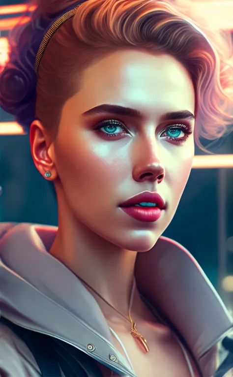 A stunning intricate full color portrait of (smiling 30 years old scarlett johansson:1) as futuristic neon reflective wear cyberpunk, sci-fi, robot parts, ismail inceoglu dragan bibin hans thoma greg rutkowski alexandros pyromallis nekro rene margitte illustrated, perfect face, (detailed facial features), (sharp), (haselblad)
epic character composition,
by ilya kuvshinov, alessio albi, nina masic,
sharp focus, natural lighting, subsurface scattering, f2, 35mm,
matte skin, pores, wrinkles, hyperdetailed, hyperrealistic,