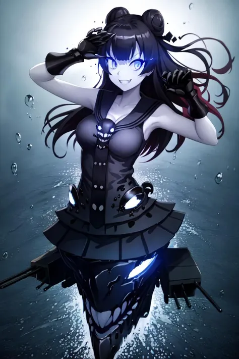 best quality, digital painting, arms up, light cruiser oni, looking at viewer, grin+smug, detailed expression, 1girl, solo, pale skin, bangs, black hair, long hair, hair bun, black sailor collar, black skirt, blue eyes, breasts, cleavage, colored skin, double bun, gauntlets+claws, glowing, glowing eyes, large breasts, pleated skirt, sailor collar, skirt, sleeveless, ((small bubbles, coral, ocean floor+dark abyss, rocks, light_leaks, dark lighting, depth of field, black and blue colors))