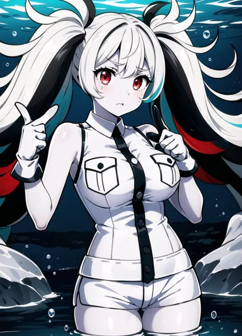 (finger gun:1.3), ewhime, (escort water princess:1.3), abyssal ship, open clothes, 1girl, (upset), solo, (colored skin, white skin, pale skin:1.3), red eyes, twintails, (two-tone hair, multicolored hair and bangs, white hair, black hair:1.3), large breasts, bare shoulders, breast pocket, buttons, gloves, short shorts, sleeveless shirt, white gloves, white shirt, white shorts, white thighhighs, perfect hands, (surreal, underwater, water, aquatic flora, air bubbles, aquatic abyss, ocean floor, bubble, wreckage, debris, rocks, finely detailed background, amazing:1.3), <lora:GoodHands-vanilla:1>