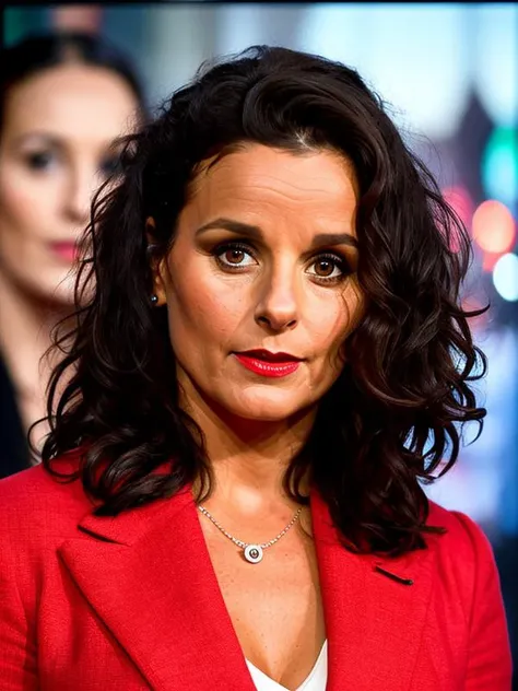 photo of FaustineBV1 as a television presenter, a black haired woman, modelshoot style, photo of the most beautiful artwork in the world, Intricate, High Detail, Sharp focus, dramatic, ((standing on a TV show)), ((public in the background)), (looking at viewer), (detailed pupils:1.3), (modern outfit:1.2), (closeup), (red lips), (eye shadow), RAW photo, film still, award winning scene, interesting setting, detailed background, (high detailed skin:1.2)