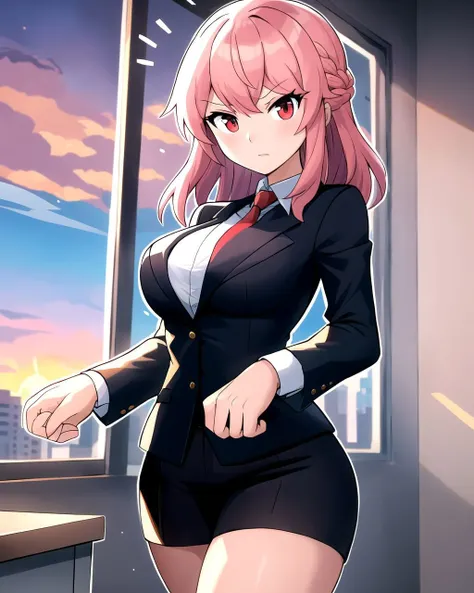 zero two, room, cute pose, blushing, shiny eyes, dim lighting, big ass, mature face, angry cute face, decent ass, body face forward, curvy, perfect face, red horns, hands behind her back, wearing a suit,