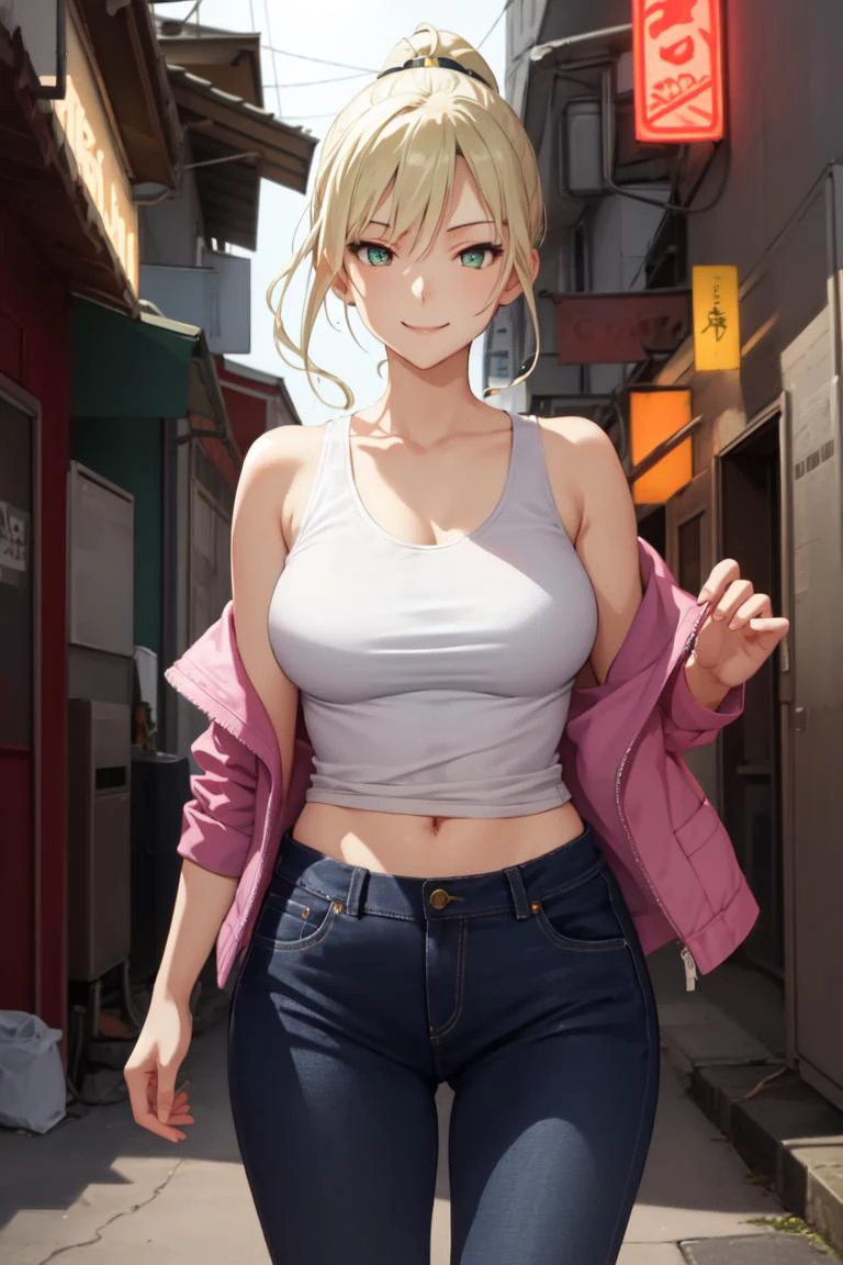 masterpiece, best quality, absurdres, perfect anatomy, 1girl, solo, Love Espada, long hair, ponytail, breasts, stylish outfit, denim pants, tank top, jacket, midriff, night, alley, neon lights, confident stance, smile