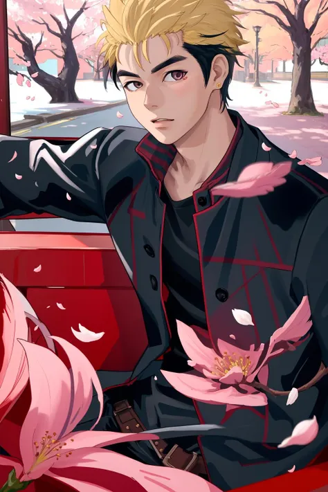 kaito,1boy,two-toned hair, male focus, solo,shirt, jacket, petals, short hair, looking at viewer, cherry blossoms, black shirt, coat, black jacket, upper body, masterpiece, best quality, <lora:kaito-3:1>