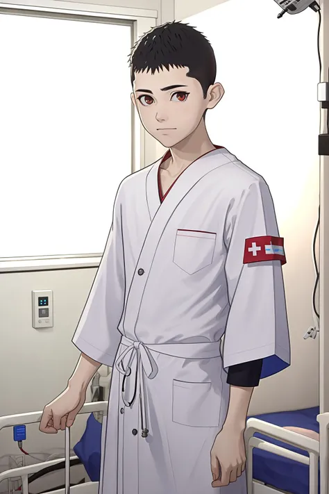 kei,1boy,buzz cut,hospital gown,sleeve garter,looking at viewer, hospital,masterpiece, best quality, <lora:Kei :1>