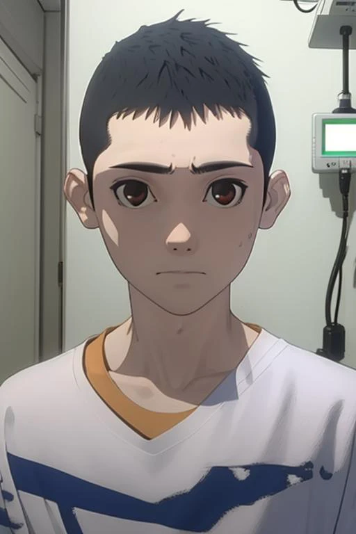 kei,1boy,buzz cut,face,hospital gown,looking at viewer, hospital,masterpiece, best quality, <lora:Kei :1>