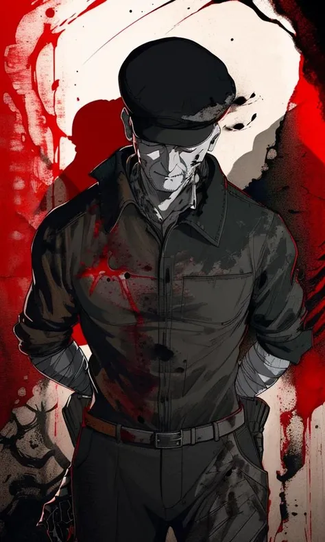 1male, red theme,blood sea,hat, close eyes,male focus, old man, pants, sato, solo, upper body, masterpiece, best quality, ibm,black bandages,black smoke,black particles<lora:sato :1>(((masterpiece))),(((bestquality))),((ultra-detailed)),(illustration),(detailedlight),((anextremelydelicateandbeautiful)),dramatic_shadow,ray_tracing <lora:ibm-2:0.8>