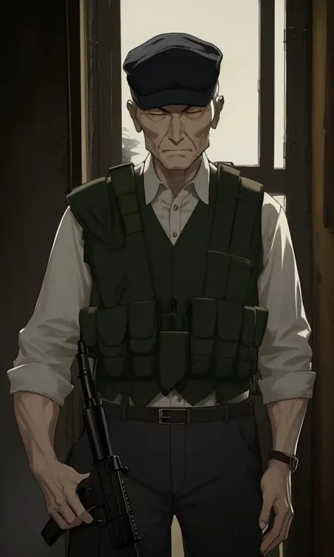 1male, assault rifle, hat, male focus, old man, pants, sato, solo, upper body, vest,masterpiece, best quality, <lora:sato :1>