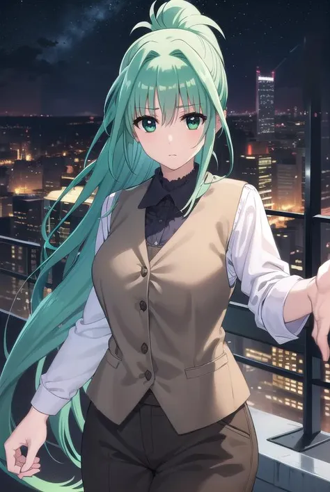 lindyharlaown, <lora:lindy harlaown movie2-lora-nochekaiser:1>,
lindy harlaown, long hair, very long hair, (green eyes:1.3), ponytail, green hair, facial mark, forehead mark,
BREAK jewelry, pantyhose, vest,
BREAK outdoors, city, night, starry sky,
BREAK looking at viewer, (cowboy shot:1.5),
BREAK <lyco:GoodHands-beta2:1>, (masterpiece:1.2), best quality, high resolution, unity 8k wallpaper, (illustration:0.8), (beautiful detailed eyes:1.6), extremely detailed face, perfect lighting, extremely detailed CG, (perfect hands, perfect anatomy),