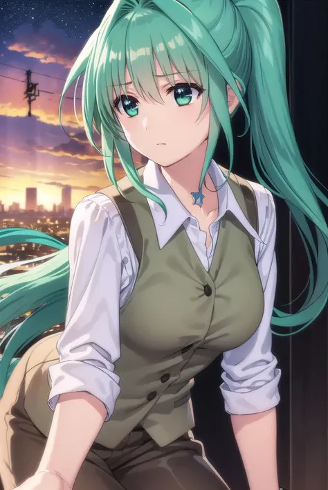 lindyharlaown, <lora:lindy harlaown movie2-lora-nochekaiser:1>,
lindy harlaown, long hair, very long hair, (green eyes:1.3), ponytail, green hair, facial mark, forehead mark,
BREAK jewelry, pantyhose, vest, 
BREAK outdoors, city, night, starry sky,
BREAK looking at viewer, (cowboy shot:1.5),
BREAK <lyco:GoodHands-beta2:1>, (masterpiece:1.2), best quality, high resolution, unity 8k wallpaper, (illustration:0.8), (beautiful detailed eyes:1.6), extremely detailed face, perfect lighting, extremely detailed CG, (perfect hands, perfect anatomy),