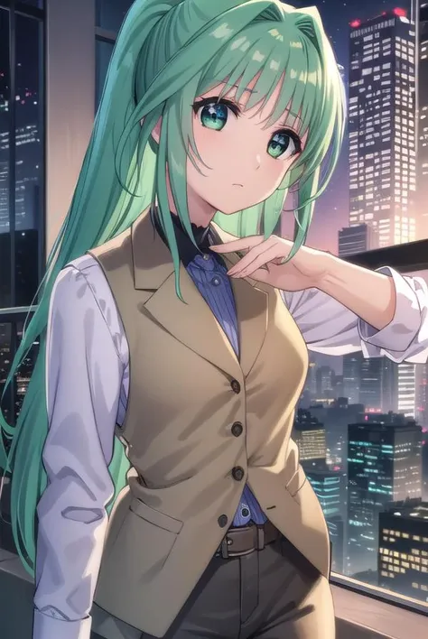 lindyharlaown, <lora:lindy harlaown movie2-lora-nochekaiser:1>,
lindy harlaown, long hair, very long hair, (green eyes:1.3), ponytail, green hair, facial mark, forehead mark,
BREAK jewelry, pantyhose, vest,
BREAK outdoors, city, night, starry sky,
BREAK looking at viewer, (cowboy shot:1.5),
BREAK <lyco:GoodHands-beta2:1>, (masterpiece:1.2), best quality, high resolution, unity 8k wallpaper, (illustration:0.8), (beautiful detailed eyes:1.6), extremely detailed face, perfect lighting, extremely detailed CG, (perfect hands, perfect anatomy),