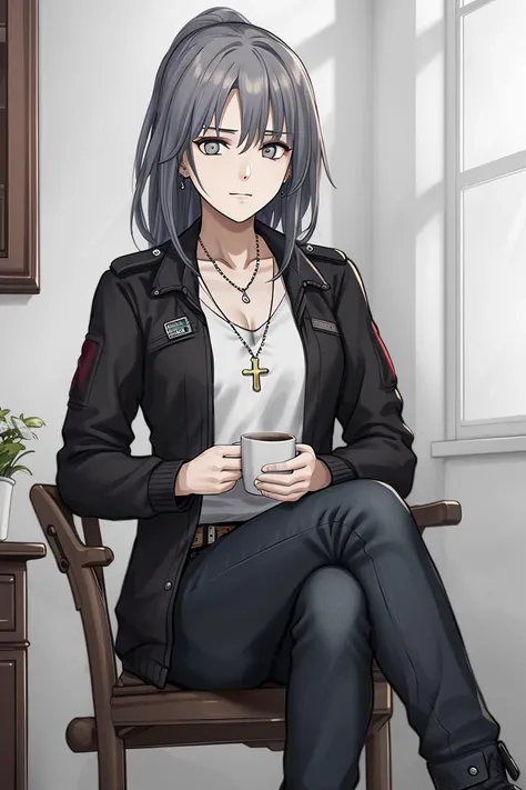 angelia \(girls' frontline\),1girl, solo, coffee house,indoors,sitting,chair,crossed legs,sweater,having a cup of coffee,grey hair, high ponytail, floating hair, grey eyes, cross-laced boots, jeans, black jacket, earrings, eyeshadow, necklace, medium breasts.((extremely detailed CG)), ((8k_wallpaper)), (masterpiece),best quality, high resolution illustration, hyperdetailed, highres,vivid colour,drew well