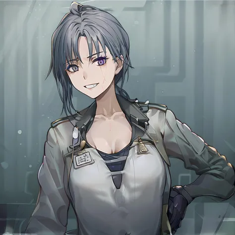 beach,1girl,masterpiece, best quality,(solo:1.5),bodysuit,<lora:RPK16:0.8>,<lora:Angelia:1>,angelia \(girls' frontline\),purple-black hair,arms under breasts,large breasts,full body,standing,upper body,looking at viewer,water drop,barefoot sandals,seductive smile,