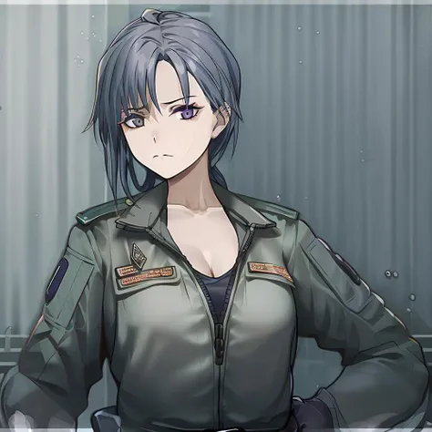 beach,1girl,masterpiece, best quality,(solo:1.5),bodysuit,<lora:RPK16:0.8>,<lora:Angelia:1>,angelia \(girls' frontline\),purple-black hair,arms under breasts,large breasts,full body,standing,upper body,looking at viewer,closed mouth,