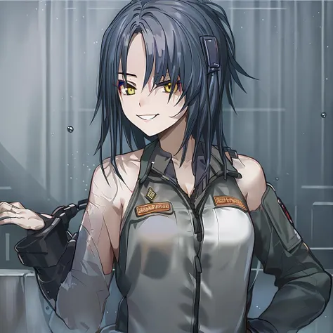 beach,1girl,masterpiece, best quality,(solo:1.5),bodysuit,<lora:Angelia:1>,angelia \(girls' frontline\),yellow eyes,purple-black hair,arms under breasts,large breasts,full body,standing,upper body,looking at viewer,water drop,barefoot sandals,seductive smile,