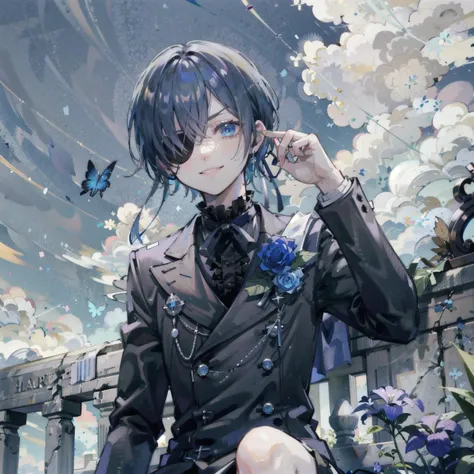 <lyco:Shushing:1>, shushing, <lora:ciel_phantomhivev2:.7>, cielv2, eyepatch, black suit, ribbon, blue flower, looking down on viewer, (half-closed eyes:0.8), (grin, confident smile:0.8), v-shaped eyebrows, sitting down, from below, upper body, (outdoors, palace, sky:1.2)