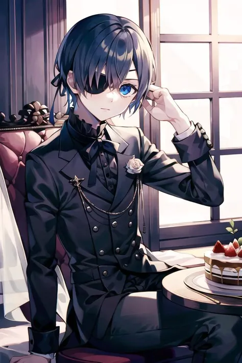 best quality, masterpiece, <lora:ciel_phantomhivev2-10:0.7>,cielv2, 1boy, solo, sitting, table, cake slice, looking at viewer, eyepatch,