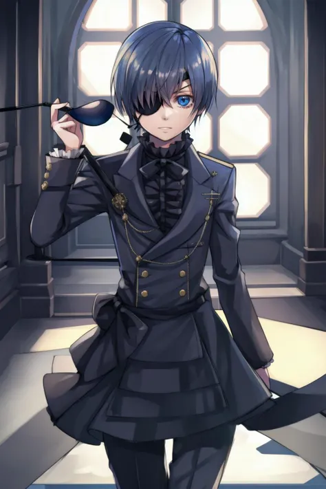cielv2, 1boy, solo, looking at viewer, eyepatch, indoors, <lora:ciel_phantomhivev2:0.8>