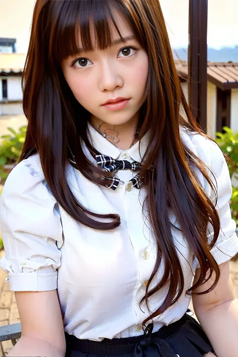 <lora:koreanDollLikeness_v15:0.4>, (RAW photo, best quality), (realistic, photo-realistic:1.2), 1girl, shopping mall rooftop cafe, outdoor, (high detailed skin:1.4), puffy eyes, gorgeous hair, air bangs, brown black hair, white opaque shirt with bow tie, pure red pleated skirt, soft lighting, high quality,  <lora:ShimazakiH:0.8>