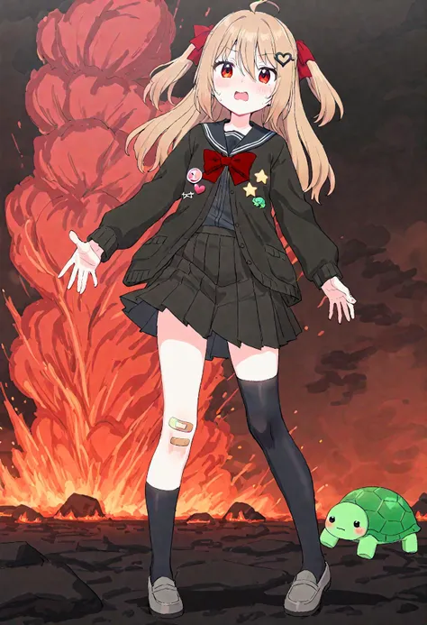 masterpiece, best quality, aumann, sincos, 1girl, evil neuro-sama, red eyes, light brown hair, ahoge, two side up, hair ribbon, dark red ribbon, heart hair ornament, black cardigan, open cardigan, black sailor collar, long sleeves, red bow, heart, button badge, star \(symbol\), drone, the number "1" on a badge, turtle, black skirt, pleated skirt, asymmetrical legwear, black thighhighs, black kneehighs, bandaid on knee, grey footwear, loafers <lora:neurosama_animaginexl_3:0.7> eruption, lava
