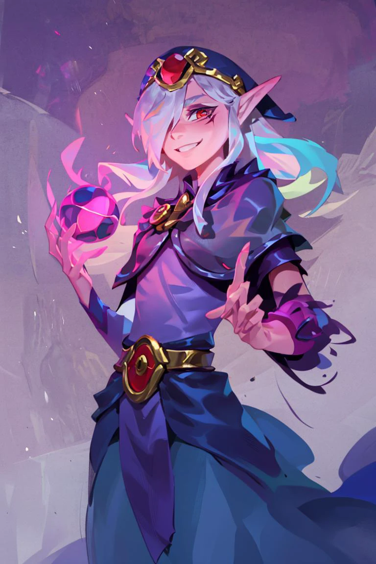 <lora:Iota:0.8>,((masterpiece,best quality)), absurdres, <lora:Vaati_Zelda:0.8>, Vaati_Zelda, 1boy, solo, hair over one eye, purple glow, magic, solo, smiling, looking at viewer, cowboy shot,