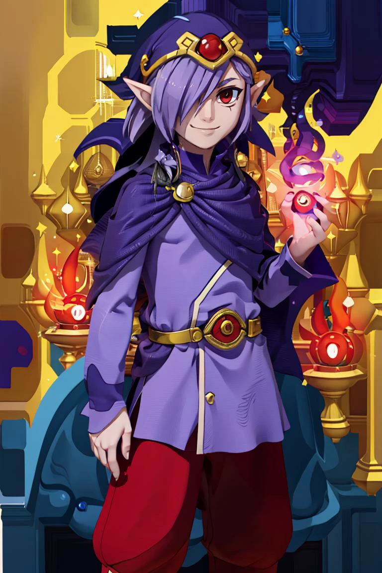 <lora:Harada_Takehito_Background_Dim32:0.8>,((masterpiece,best quality)), absurdres, <lora:Vaati_Zelda:0.8>, Vaati_Zelda, 1boy, solo, hair over one eye, purple glow, magic, solo, smiling, looking at viewer, cowboy shot,