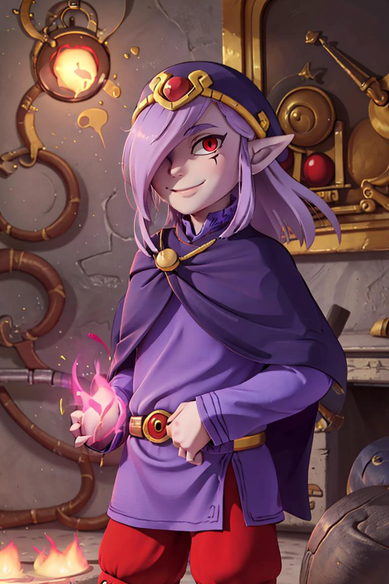 <lora:Diives_Style:0.8>,((masterpiece,best quality)), absurdres, <lora:Vaati_Zelda:0.8>, Vaati_Zelda, 1boy, solo, hair over one eye, purple glow, magic, solo, smiling, looking at viewer, cowboy shot,