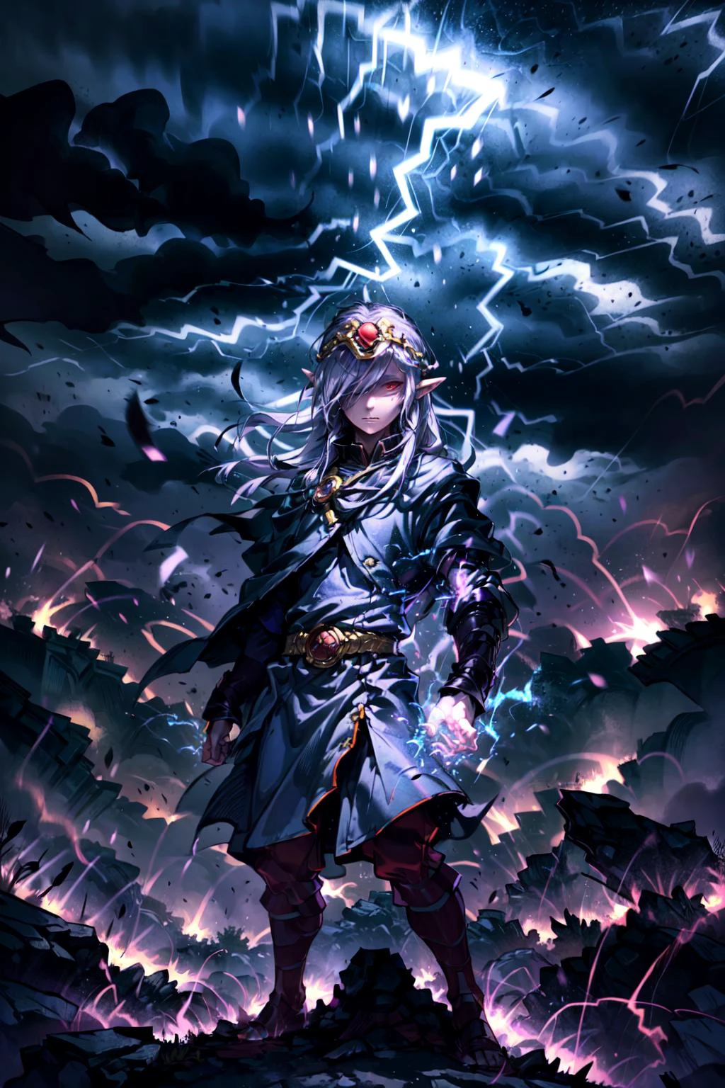 <lora:Vaati_Zelda:0.8>, Vaati_Zelda, 1boy, solo, hair over one eye, dynamic pose, dark atmosphere, castle, <lora:add_detail:0.7>, <lora:Concept - Electromancer_v1.1:0.3>, thunder-aura, purple electricity, lightning,