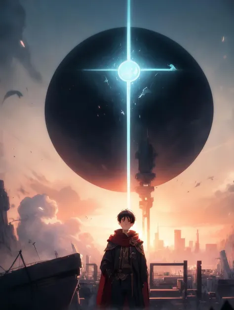 cinematic, aesthetic, (masterpiece:1), Extreme Wide Shot of 1boy as elohim, look away from the camera, over a secret society of immortal humans