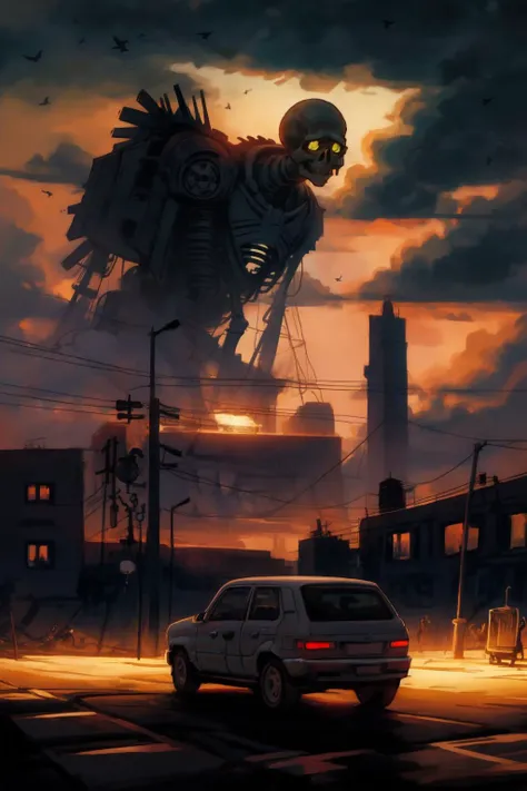 DarkSpheraStyle, outdoors, sky, cloud, no humans, glowing, bird, cloudy sky, ground vehicle, motor vehicle, science fiction, monster, car, cable, ruins, power lines, skeleton, utility pole <lora:DarkSpheraStyle:0.7>