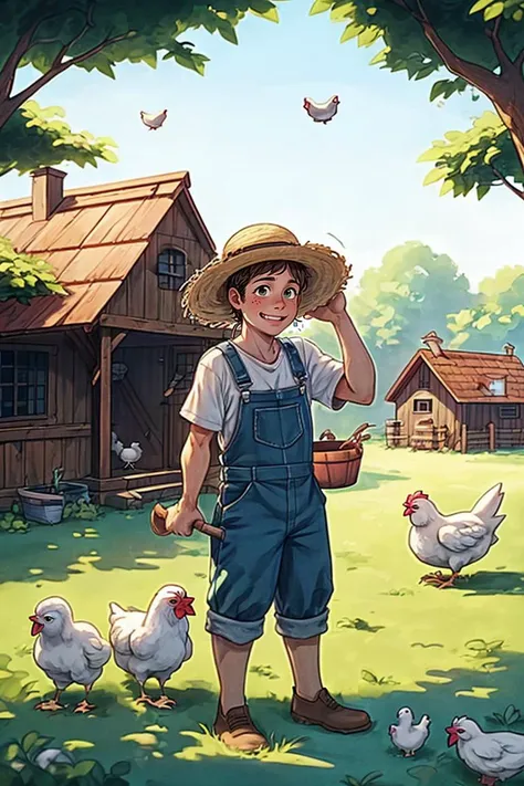 A farmer is raising chickens in his backyard. He is wearing a straw hat and overalls, and he has a bucket and a shovel in his hands. He is caring and responsible as he feeds, cleans, and collects eggs from his chickens. The chickens are healthy and happy, and they produce fresh and organic eggs. The backyard is green and spacious, and there are some fences and coops around. The scene is rural and cozy  ,