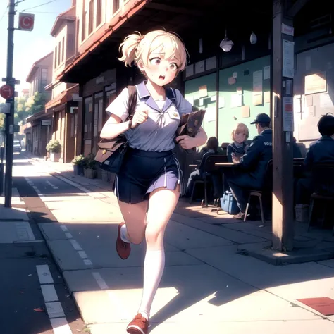 masterpiece, high quality, highly detailed, detailed background, female, girl, (sailor:0.5) (uniform:0.8), postal worker, hard working, mail bag, side bag, concerned, (running:1.1), sprinting, dash, speed, motion lines, dramatic, village, town hall, entryway, bulletin board, postal office, sunny, bright, vibrant, full body, dynamic camera