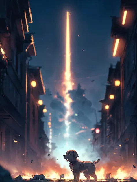 cinematic, aesthetic, (masterpiece:1), A ((Extreme Wide Shot of 1dog)), ((look away from the camera and act as Mage)), war as background
