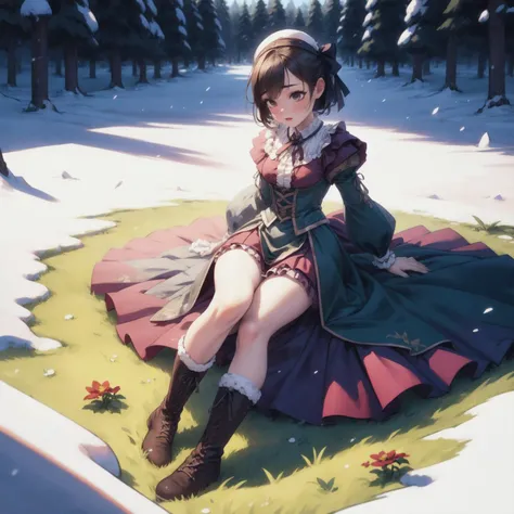 masterpiece, high quality, highly detailed, detailed background, female, girl, long dress, frills, (corset:0.6), boots, ribbons, bow, laying down, snow angle, flowers, field, grass, medieval wear