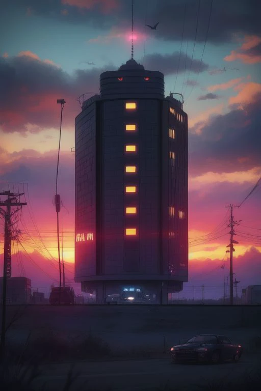 DarkSpheraStyle, outdoors, sky, cloud, no humans, glowing, bird, cloudy sky, ground vehicle, motor vehicle, science fiction, monster, car, cable, ruins, power lines, skeleton, utility pole <lora:DarkSpheraStyle:0.7> <strange things> a monster on the background of a bloody sunset eats a car.
