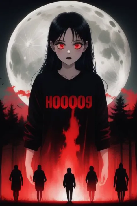 Horror-themed a horror poster movie of a group of 4 young people with bikes on a road at night full moon, forest, vibrant red and blue tones <lora:80s_horror_poster_style-000009:1>, (masterpiece, best quality),ultra-detailed,add-detail-xl, DetailedEyes_V3, . Eerie, unsettling, dark, spooky, suspenseful, grim, highly detailed