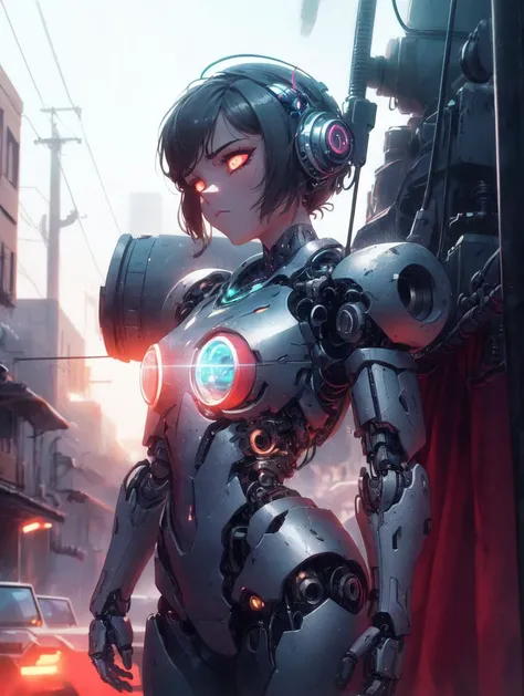 cinematic, aesthetic, (masterpiece:1), reelmech, ((Cowboy Shot of 1girl)), mechanical arms and legs, cyborg, evil mood, Cimmerian, look at the camera, head down, glowing bokeh in background <lora:reelmech1v2:0@.3,.7@.5,.9@.8,0@1>