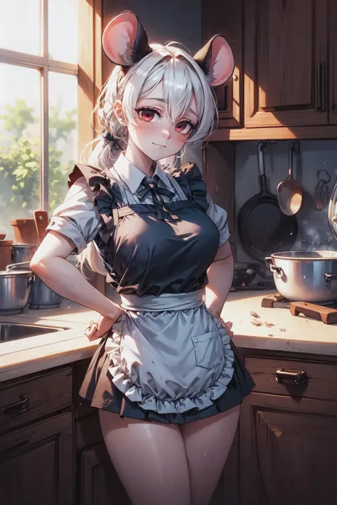 (masterpiece, best quality:1.2), high resolution, detailed background, perfect lighting, extremely detailed, 1girl, solo, red eyes, long white hair, mouse ears, large breasts, thick thighs, hands on hips, apron, straight-on, looking at viewer, closed mouth, slight smile BREAK
kitchen, bowls, flour <lora:add_detail:0.2>