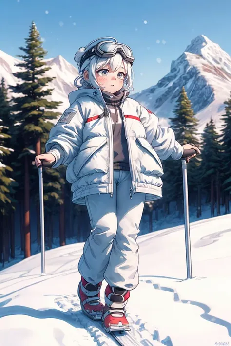 A girl is skiing on a mountain with her family. She is wearing a white jacket and pants, and she has a helmet and goggles on her head. She is adventurous and skillful as she slides, turns, and jumps on the snow. Her family is also wearing colorful jackets and pants, and they are following her or waiting for her at the bottom. The mountain is snowy and steep, and there are some trees and lifts around. The scene is cold and exciting