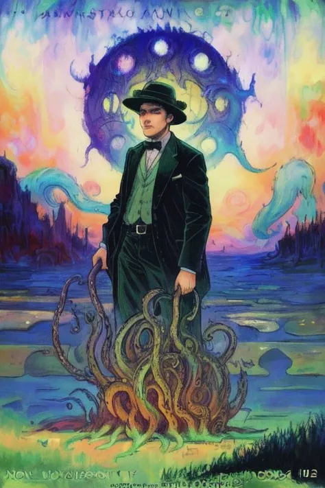comic Art of a lovecraftian god, cthulhu, tentacles, unsettling, complex lighting, complex scene,(style of edwin lord weeks), (Style of Monet), oil painting, brush strokes . graphic illustration, comic art, graphic novel art, vibrant, highly detailed