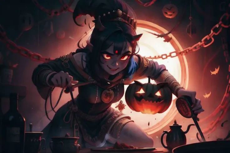 Mysterious DARK Halloween kitchen, Horror, Zero gravity, Petite Indian sexy pumpkin Girl with Horns in cooking Dress, DARK bloody Chef Dress, Skulls, bats, broom, witch, smiling, Chef hat, freckles, levitating pumpkins, neon eyeballs, Galaxy eclypse nebula eyes, atmospheric lightning, Fantasy eyeballs, very detailed, qhd, cinematic lightning, dynamic scene
(dramatic, gritty, intense:1.4),masterpiece, best quality, 32k uhd, insane details, intricate details, hyperdetailed, hyper quality, high detail, ultra detailed, Masterpiece, photography, realistic landscapes